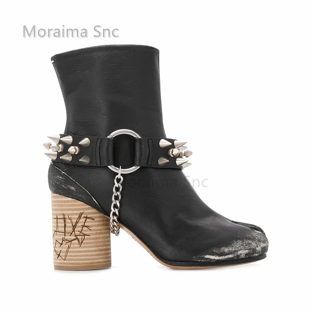 Winter Snow Boots Buckle Rivet Tabi Split-Toe Boots for Women Metal Chain Black Leather Vintage Boots Round Heel Casual Ankle Winter
