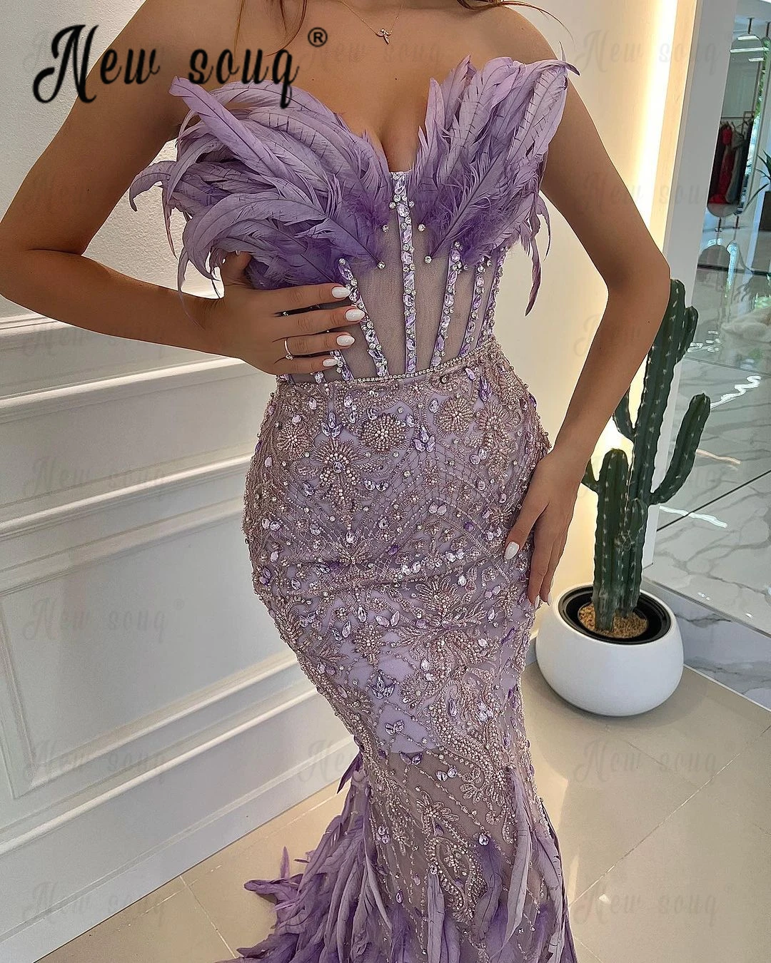 

Couture Lilac Feather Long Mermaid Evening Dress Strapless Beading Wedding Guest Gowns Women Night Dinner Party Dresses Vestidos
