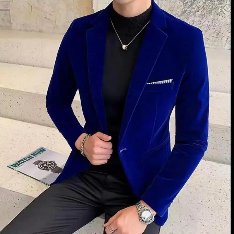M-4XL Plus Size Men's Blazer Slim Fit Single Breasted Black Blue Red Velvet Formal Wedding Groom Tuxedos For Male