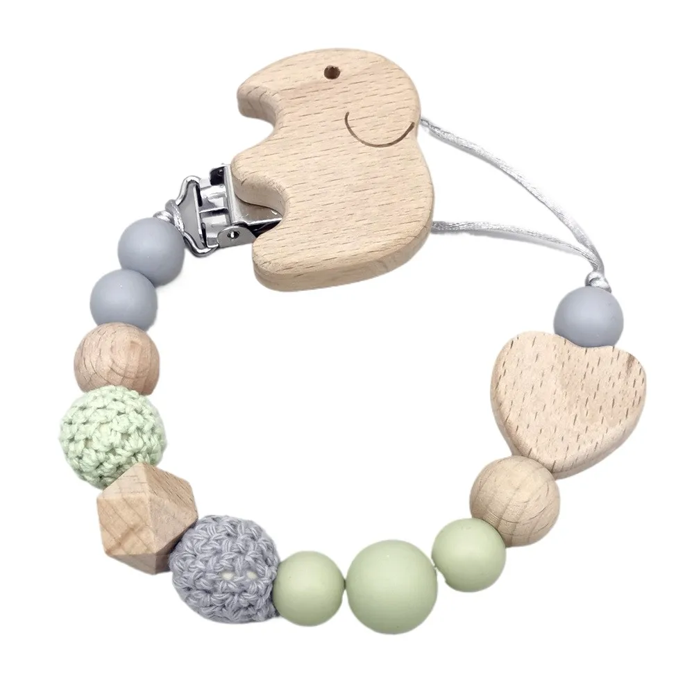 Silicone Beaded Pacifier Chain Elephant Beech Wood Pacifier Clips Baby Anti-Drop Soother Holder for Teething