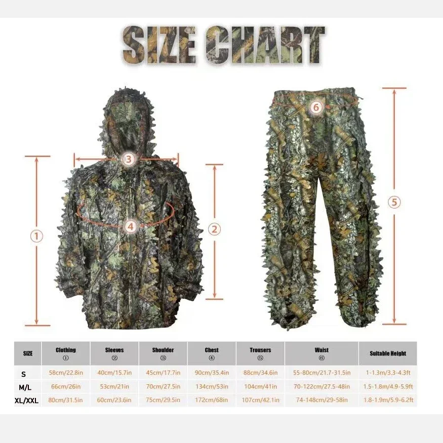 5 in 1 Ghillie Suit Breathable Camouflage Suit for Men Women Lightweight Hooded Wild Leafy Design Woodland Hunter Ghillie Suits