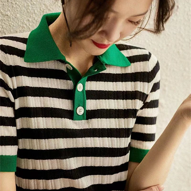 2022 summer new worsted wool short-sleeved women's striped T-shirt loose vest POLO collar pullover outer wear trendy tops |