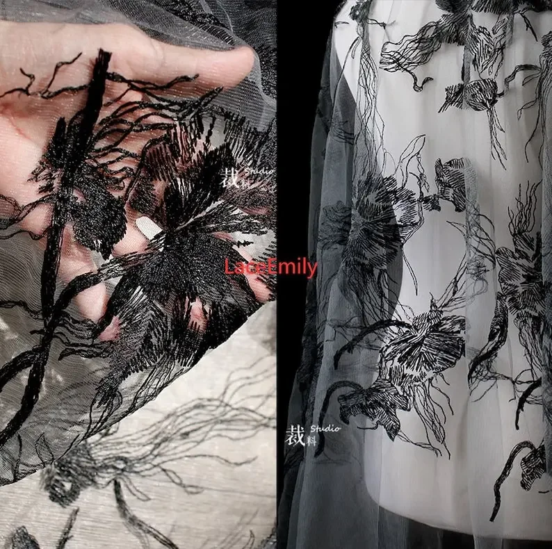 Black flower embroidered lace fabric, see-through black and gray tulle lace For Girl dress, Gowns, Wedding Dress, party