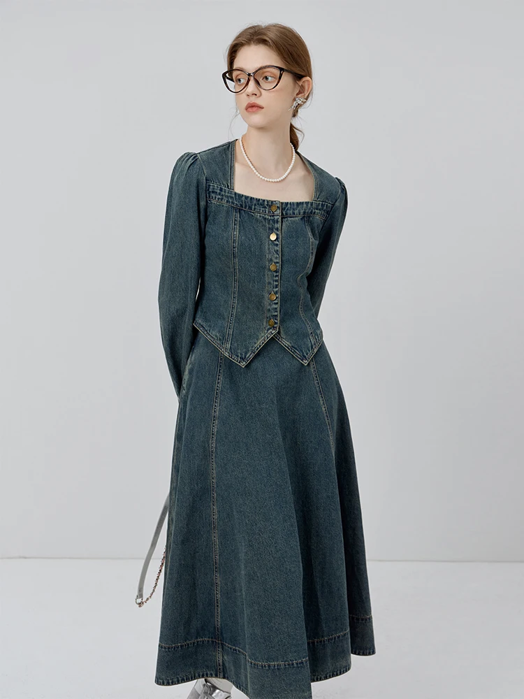 FSLE Dark Blue Women Retro Denim Sets Square Neck Puff Sleeve Female Blouses A-LINE Long Skirts Zipper Waist Women Denim Skirt ключница piquadro blue square pc1514b2 mo коричневый натур кожа