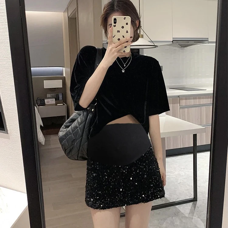 Pregnant Women's Short Skirt Spring and Autumn New Black Slimming Blingbling Bead Mini Skirt Fashion Maternity Sequin Slim