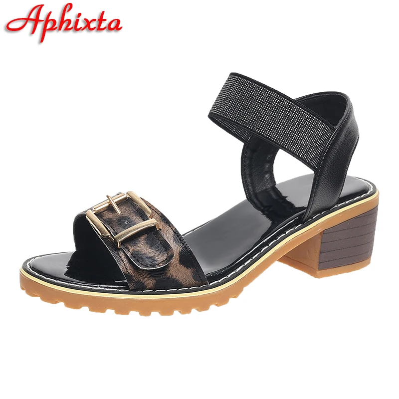 Aphixta 5cm Square Heel Summer Leopard Peep Toe Sandals Buckle Bling White Leather Open Shoes Elastic Band Plus Size 43