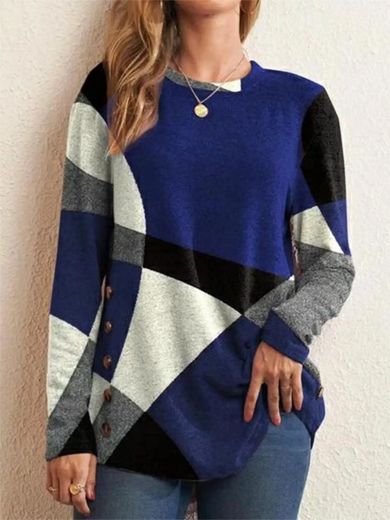 European and American Women Casual Color Block Long Sleeve Buttons Top Dressy Casual Geometric Tunic Tops Crewneck T761_voghion.com
