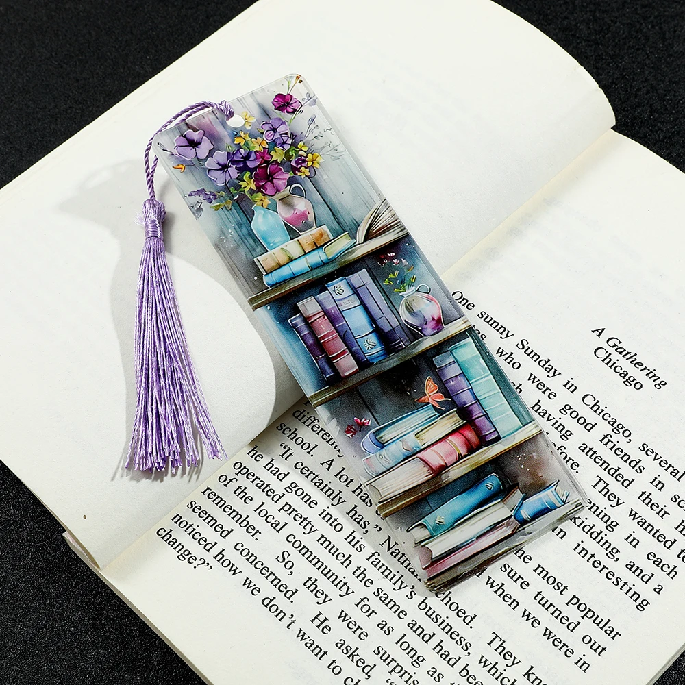 1pcs Bookcase & Vase Bookmarks Art Acrylic with Tassel Reading Marker for Book Lovers Bookworms Men Women, bookmarks stationery supplies, bookmark holder, acrylic bookmark