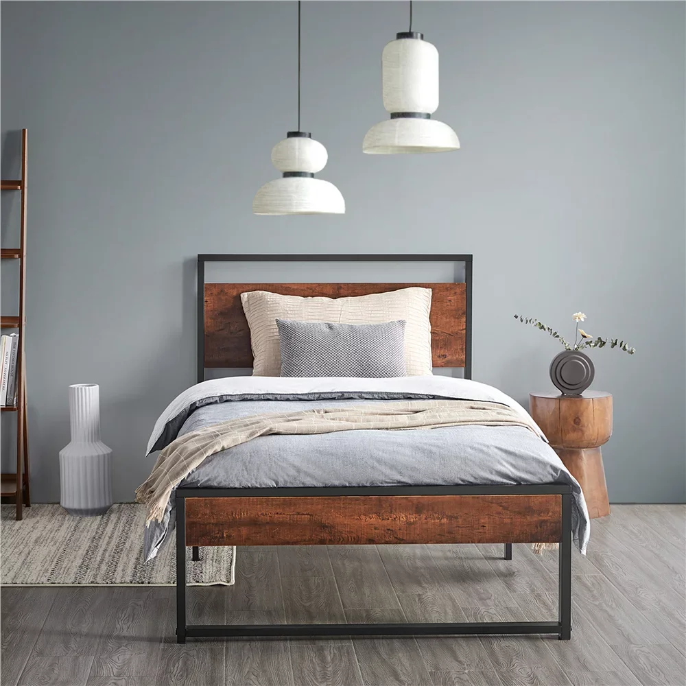 

Rustic Metal Frame Base Platform Bed with Slat Support, Brown, Walnut