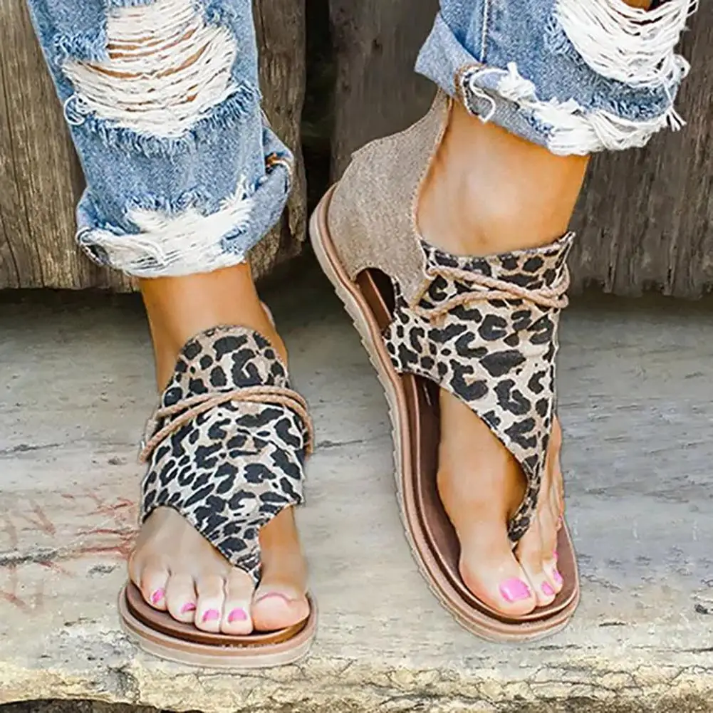 

1 Pair Back Zipper Flats Heel Open Toe Beach Sandals Leopard Patchwork Clip-Toe Women Shoes Walking Shoes