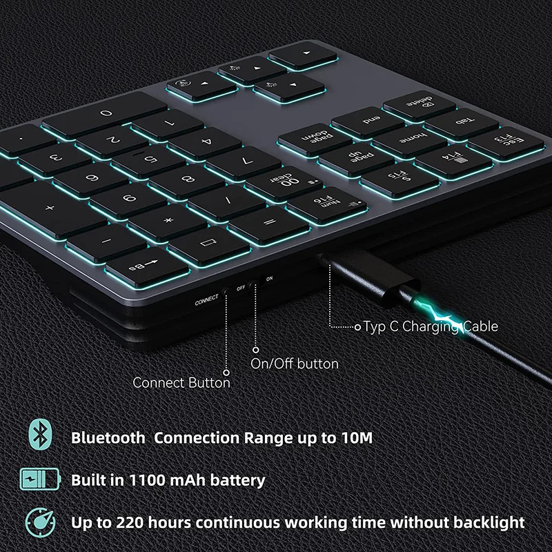 Seenda Teclado Numérico sem Fio da Almofada do Número de Bluetooth com Diodo Emissor de Luz Backlit 34 Numpad Chave e Mouse para Computador Portátil Desktop - Imagem 4