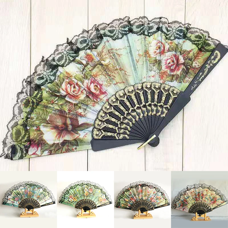 

Lace Folding Fan Chinese Style Woman Dance Hand Held Plastic Cloth Spanish Culture Fan Flower Pattern Party Wedding Decoration