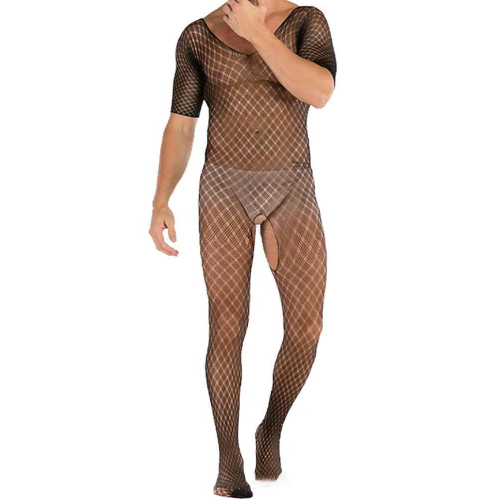 

Mens Sissy Body Stockings Pantyhose See-through Tights Underwear Sheer Open Crotch Mesh Hollow Out Stretchy Fishnet Jumpsuit