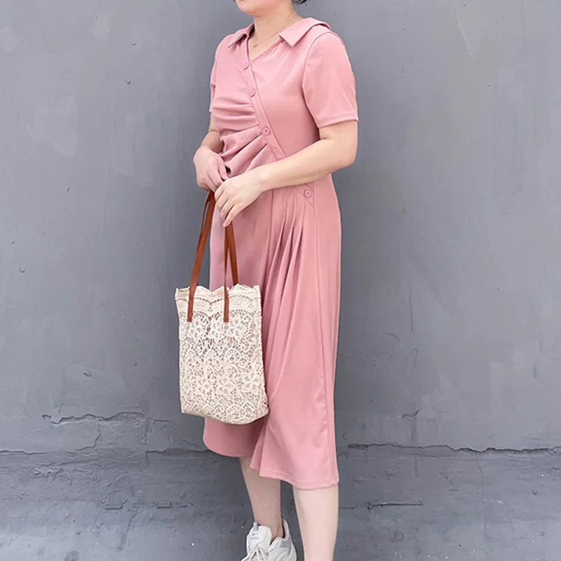 Korean Plus Size Women's Clothing Solid Color Asymmetric Design of Pleated Diagonal Buckle Short Sleeve Loose A-line Midi Dress