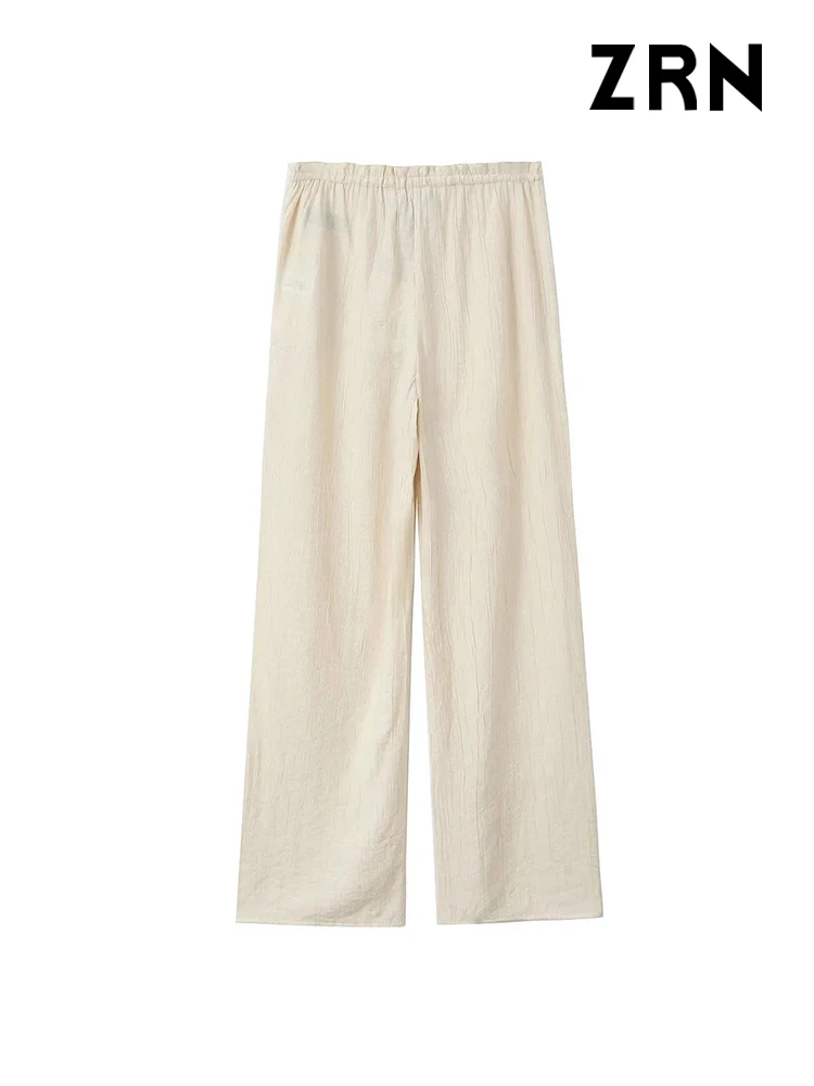 ZRN-Flowing Textured Pants for Women, Side Pockets, Elastic Waist with Drawstrings, Female Trousers, Fashion