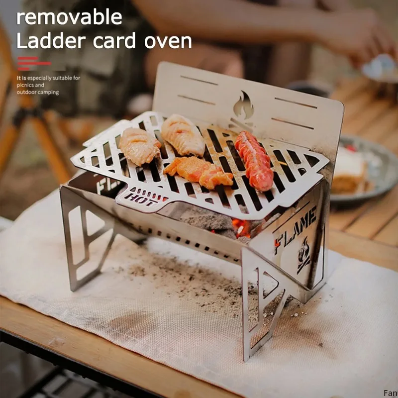 Portable Folding BBQ Grill Stove Outdoor Stainless Steel Barbecue Net Card Type Firewood Stoves Mini Barbecue Rack Camping Stove outdoor camping shelf rack multifunctional folding picnic table multi layer foldable rack three tier portable wood storage rack