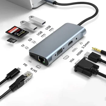 For Laptop 9 in 1 Dock USB Type C to HDMI HUB USB-C Converter HDMI 1