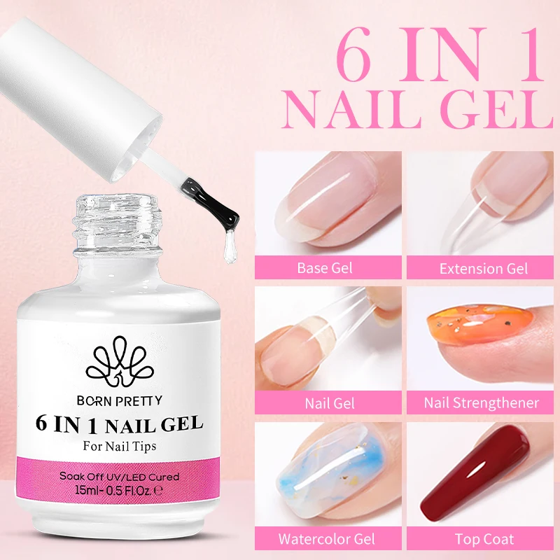 BORN PRETTY 15/10ML 6 IN 1 Nail Glue Gel for Acrylic Nails Soak off Base Gel Top Coat UV Extension Nail Gel False Nail Tips Gel