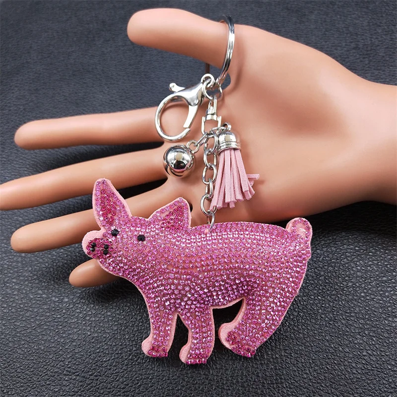 Pink Pig Crystal Keychain for Women/Men Silver Color Keyring