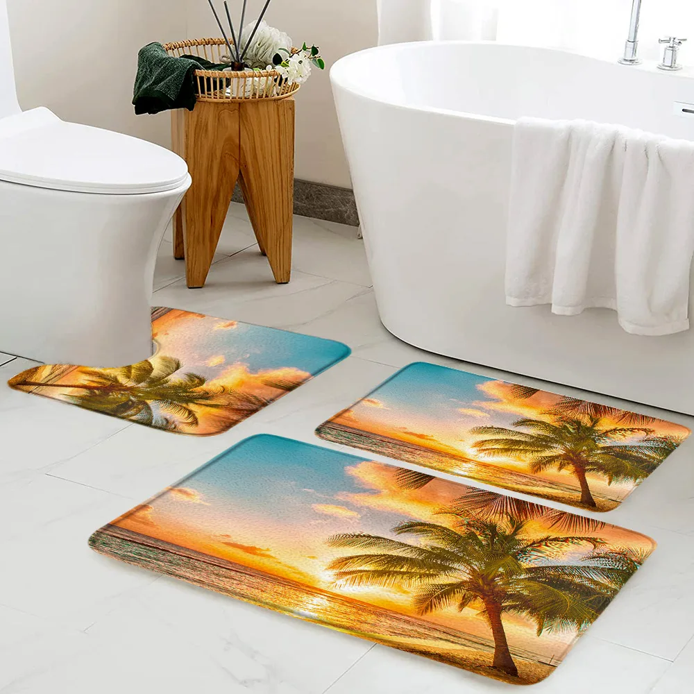 

Dusk Beach Bath Mat Set Island Coconut Tree Sunset Ocean Nature Scenery Home Carpet Bathroom Decor Non-Slip Rugs U-shape Mats