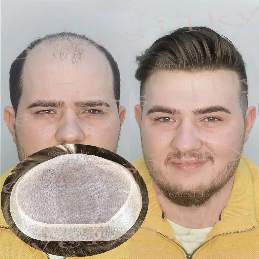 

Super Durable Mono Lace with Transparent Skin Pu Breathable Toupee Brown Black Men's Wig 100% Human Hair Replacement Prosthesis