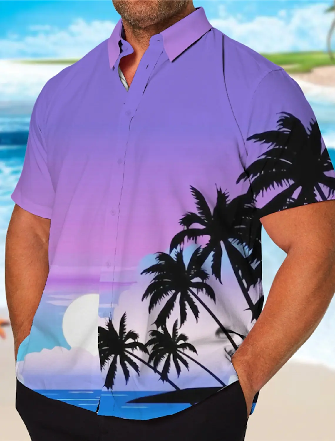 thumbnail image 1 of Camisa estampada para hombre con estampado morado de Hawaii para fiesta en la playa, camisa hawaiana de verano con botones y manga corta, estilo callejero, palmeras, 1 of 5