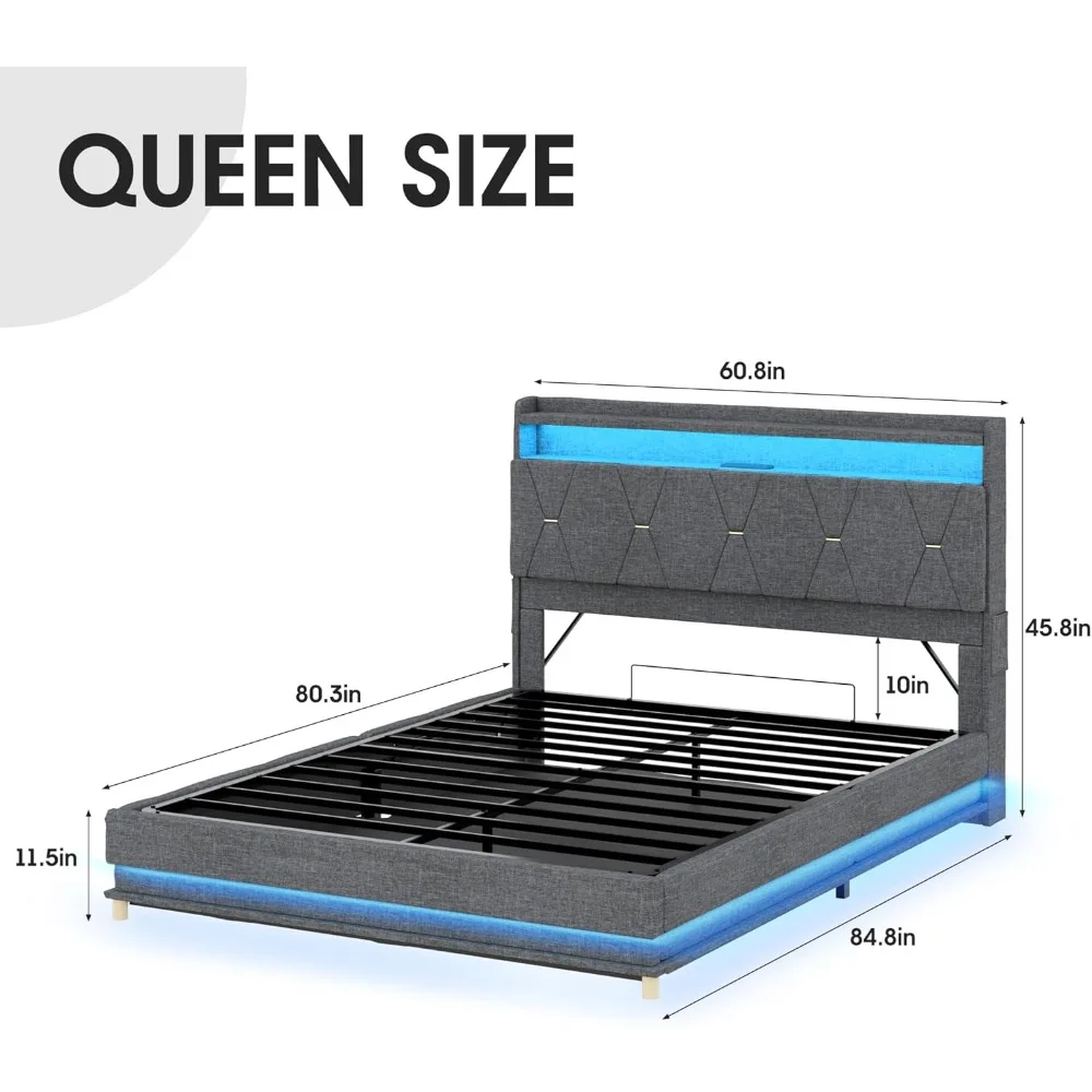 Large Lift Storage Bed Frame, Storage Headboard with Charging Station, Soft Cushioned Platform Bed with LED Lights 6