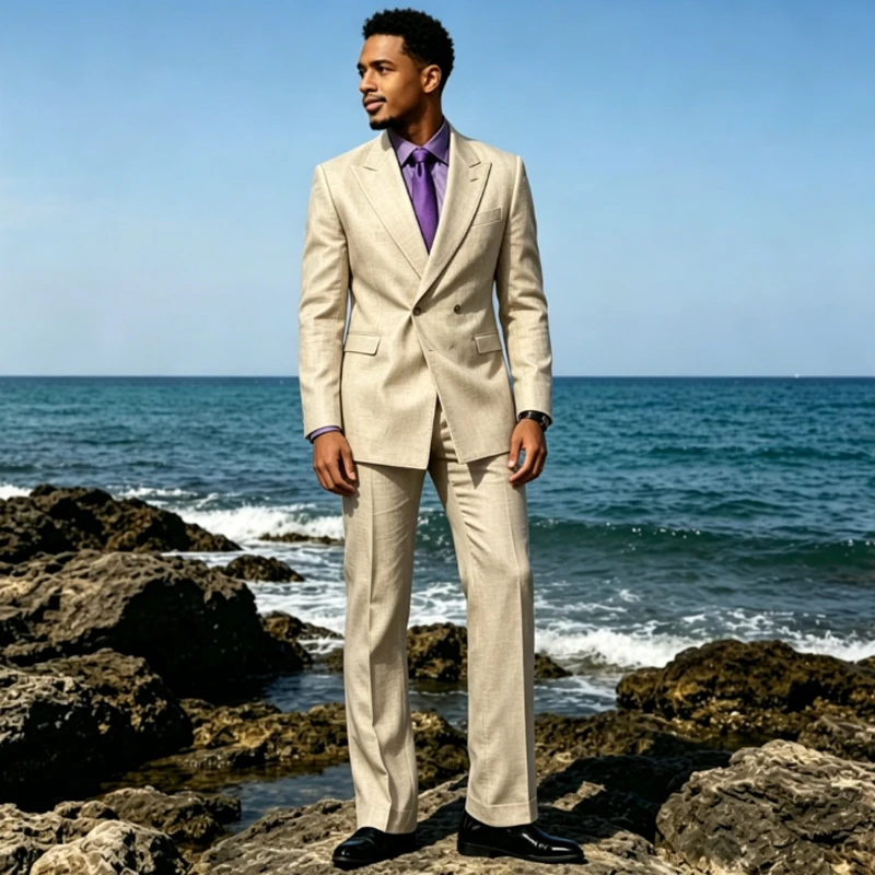Men's Linen Suits Classic British Style Peak Lapel Collar Double Breasted 2 Piece Set Blazer & Pants Summer Wedding Groom Outfit