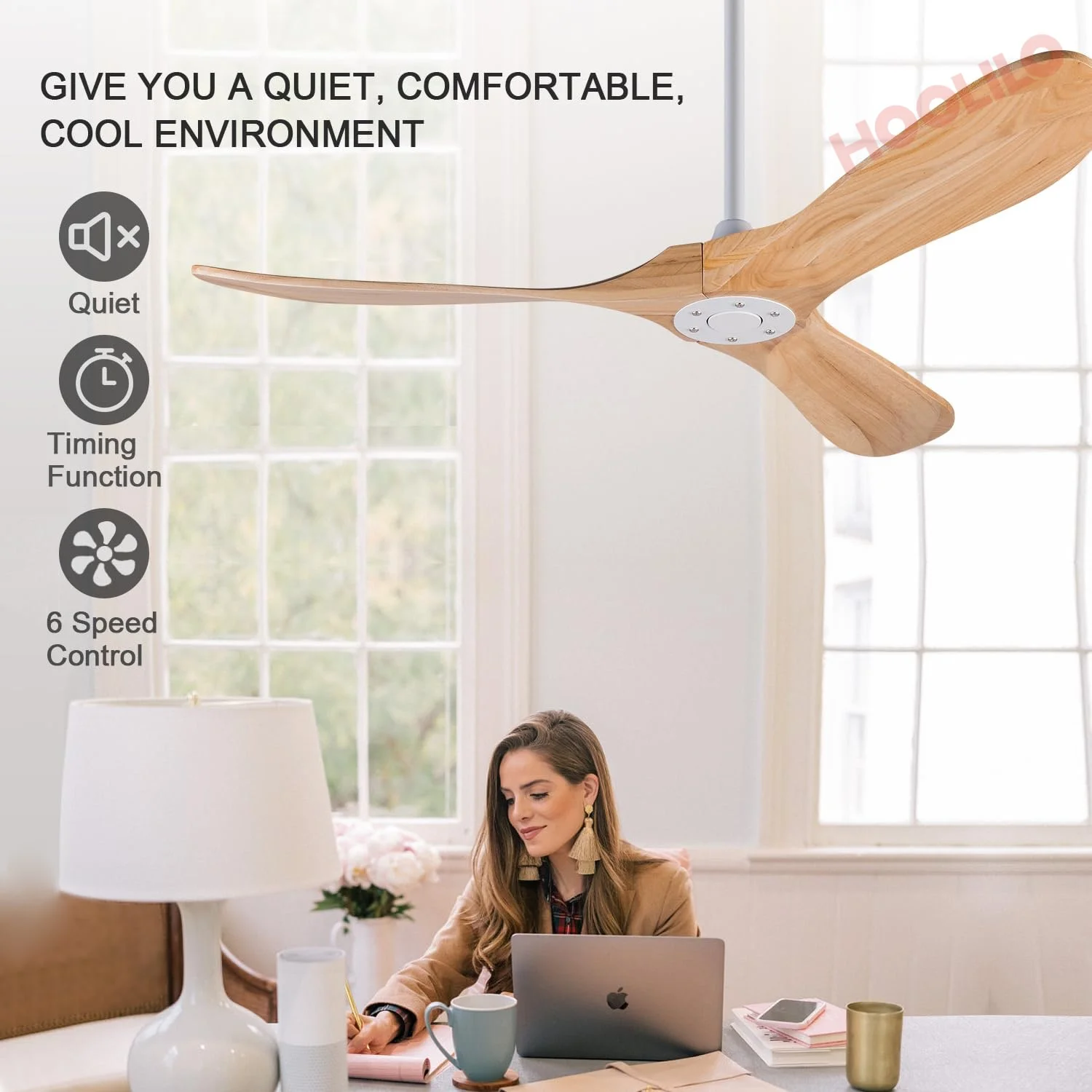 70inch Wood Ceiling Fan with LED Lights and Remote Control-6 Speed