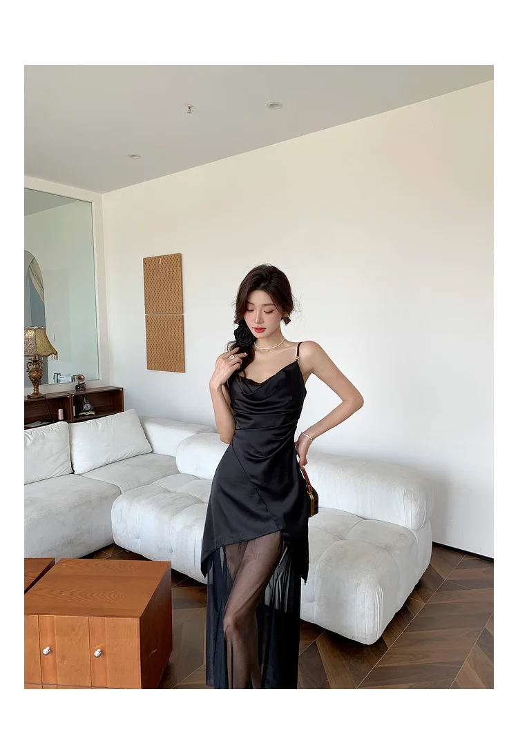 Sexy Black Dresses for Women Summer New Spaghetti Strap Mesh Patchwork Slim Evening Party Dress Prom Robe French Vestidos Mujer