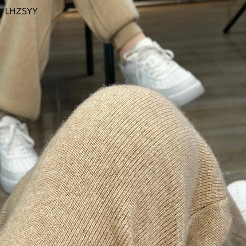 LHZSYY Autumn Winter New Women\' Cashmere High Waist Trousers Casual Loose Tight Waist Pants Draw String Straight Pants Wool Knit