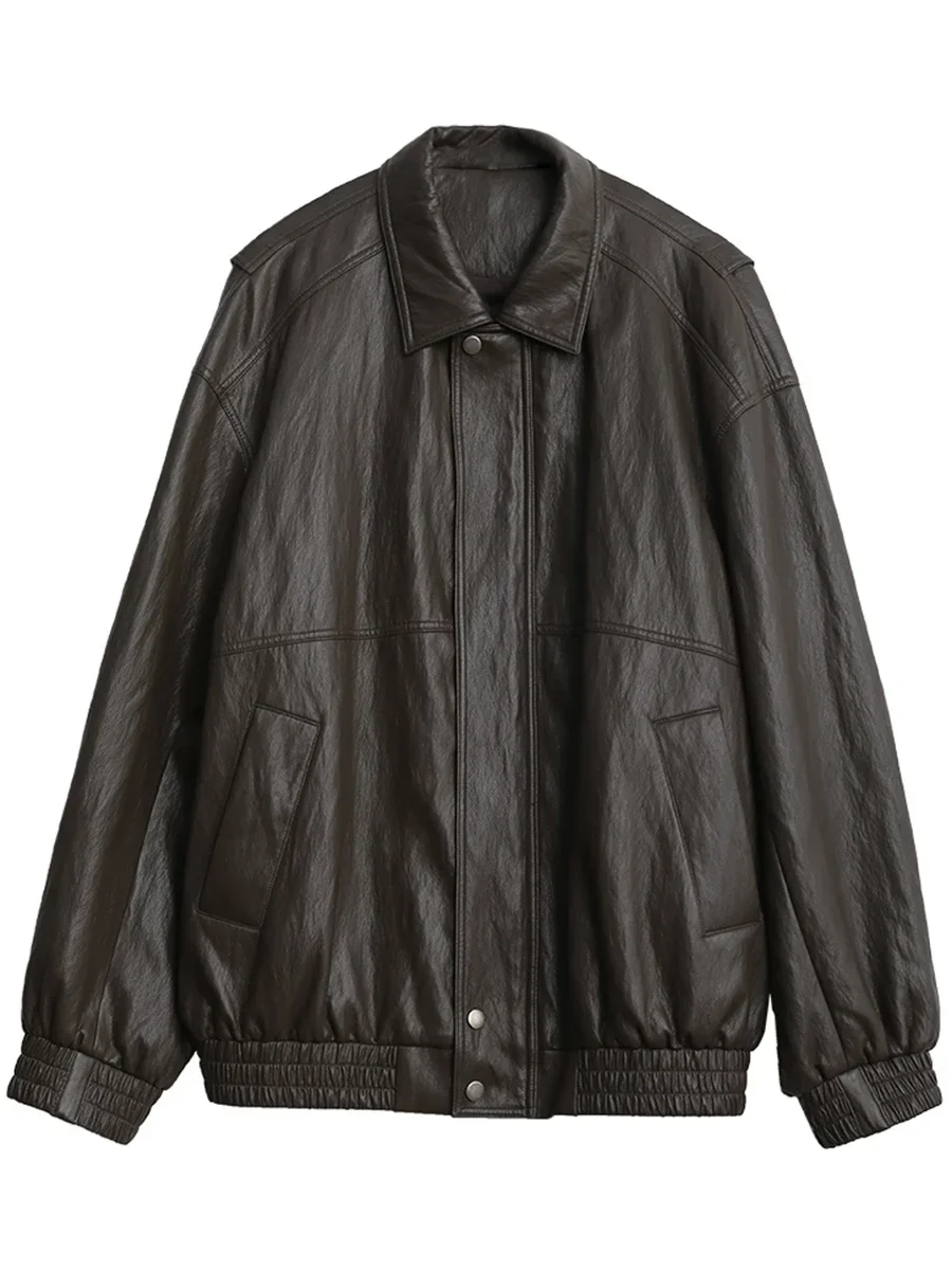 CHIC VEN Women PU Jacket Solid Faux Leather Loose Pleated Texture Female Coat Spring Autumn