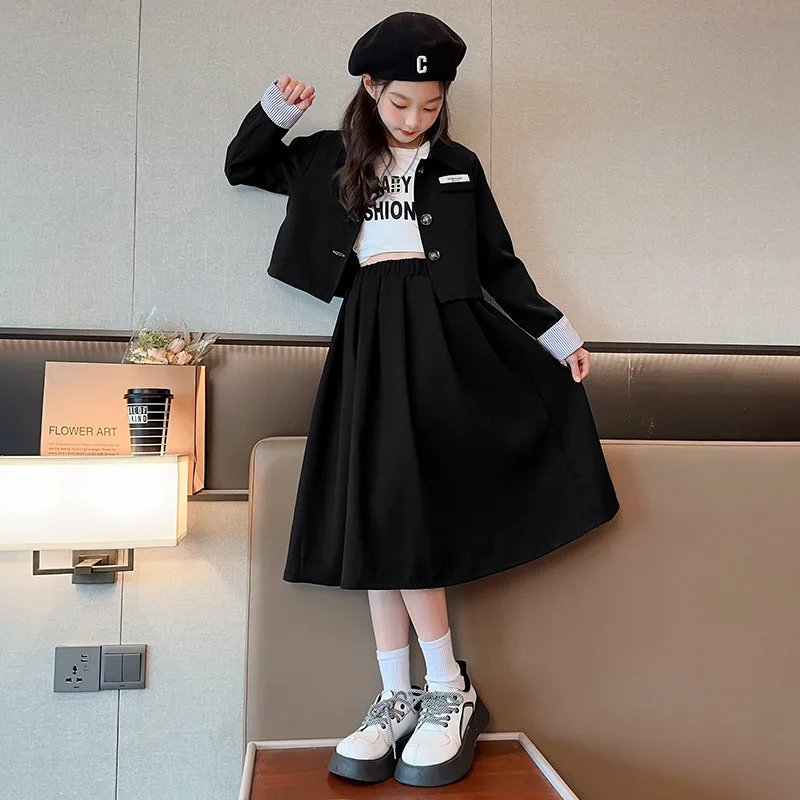 용수철 가을 여아용 상의 및 하의 세트, 주니어 여아 싱글 브레스트 스포츠 코트 및 A 라인 스커트, 여고생 투피스 세트