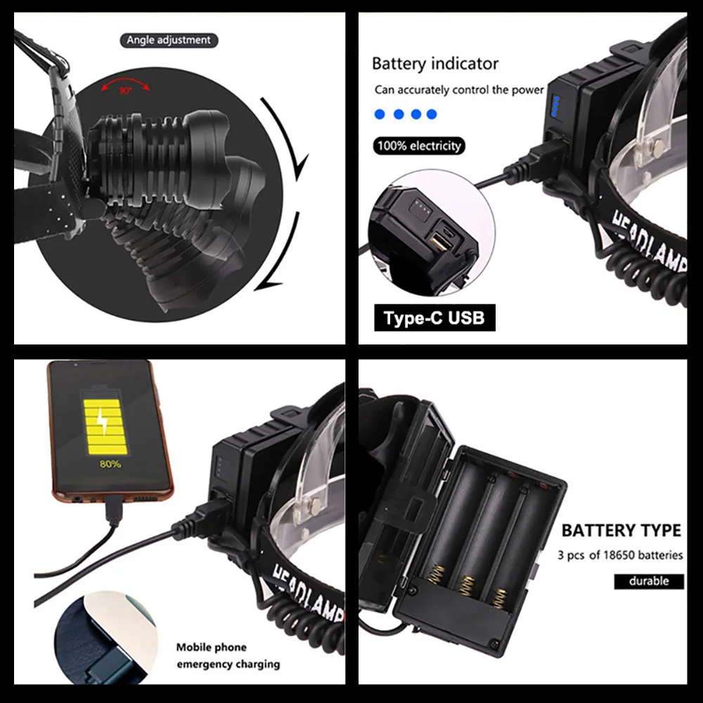 슈퍼 밝은 XHP360/XHP90 고전력 Led 전조등 Zoomable 보조베터리 헤드라이트 USB 충전식 18650 배터리 헤드 손전등