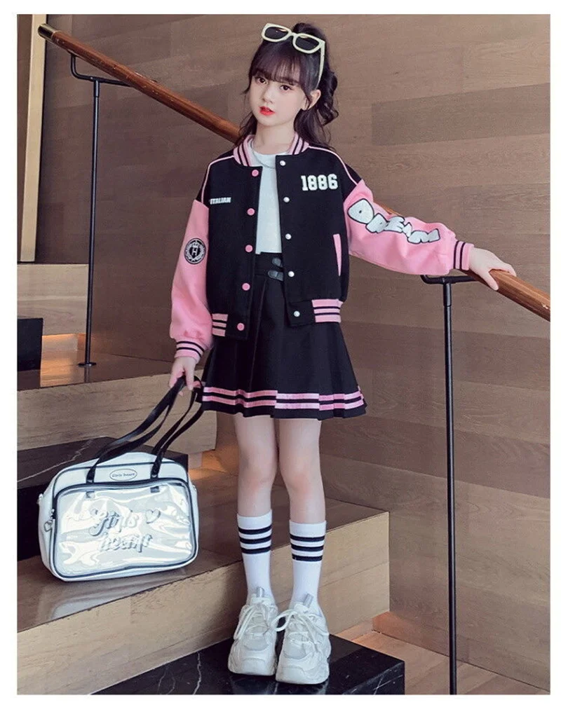 Girls Student Uniform Sets Spring Autumn Kids Baseball Sports Suit Children Jacket Pleated Skirt 2Pcs Fashion Clothing Outfits - 5