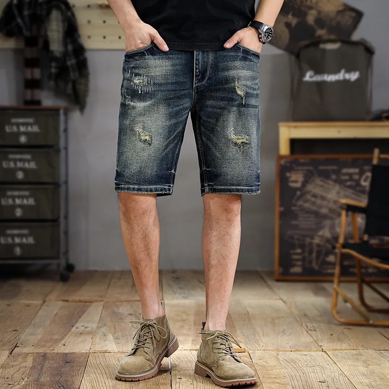 Retro Washed Distressed Scrape Denim Shorts Men's Summer New 2024 Fashion Printed Design Slim Ripped Cropped Pants