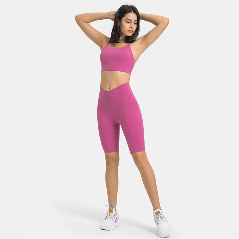 SALSPOR Pockets Yoga Shorts Set Women Seamless Sports Set Gym High Waist Workout Shorts Push Up