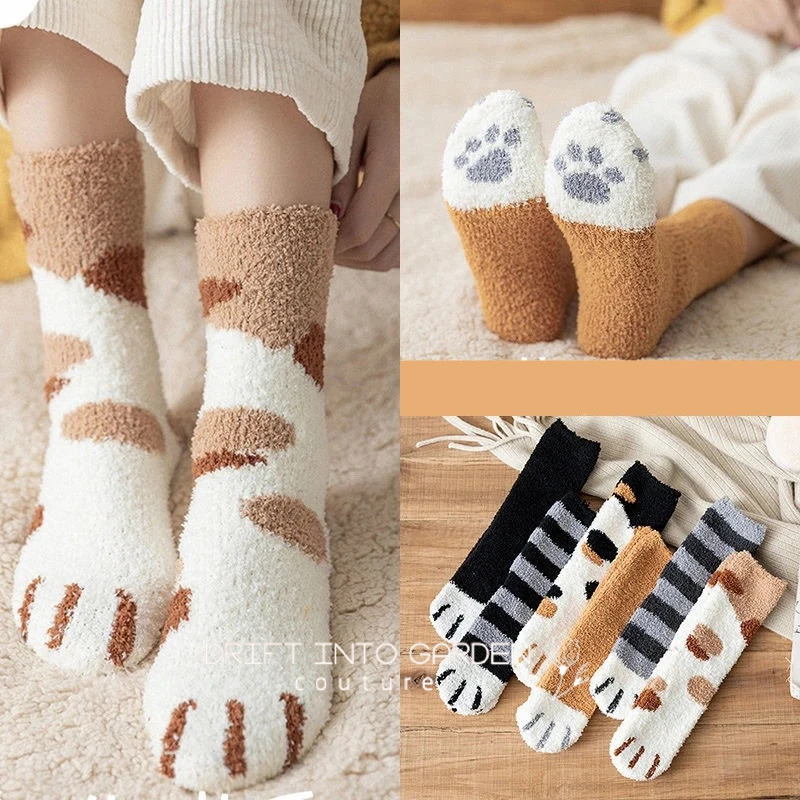 

Women Winter Warm Fluffy Socks Cute Animal Claw Cat Paw Footprint Fuzzy Socks Female Thick Coral Fleece Home Floor Sleep Socks