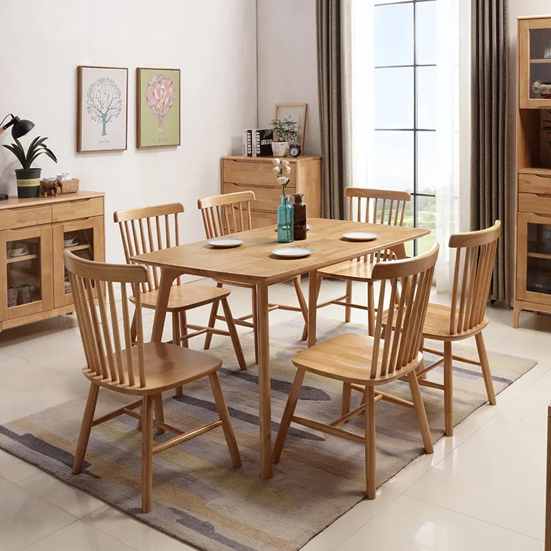Table and chair combination, one table and six chairs, simple small layout, solid wood rectangular household, 6-person 4-person