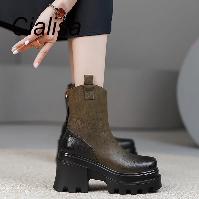 

Cialisa Women Short Boots 2022 Autumn Winter New Platform Round Toe Vintage Genuine Leather Shoes Chunky Heels Ankle Boots Black