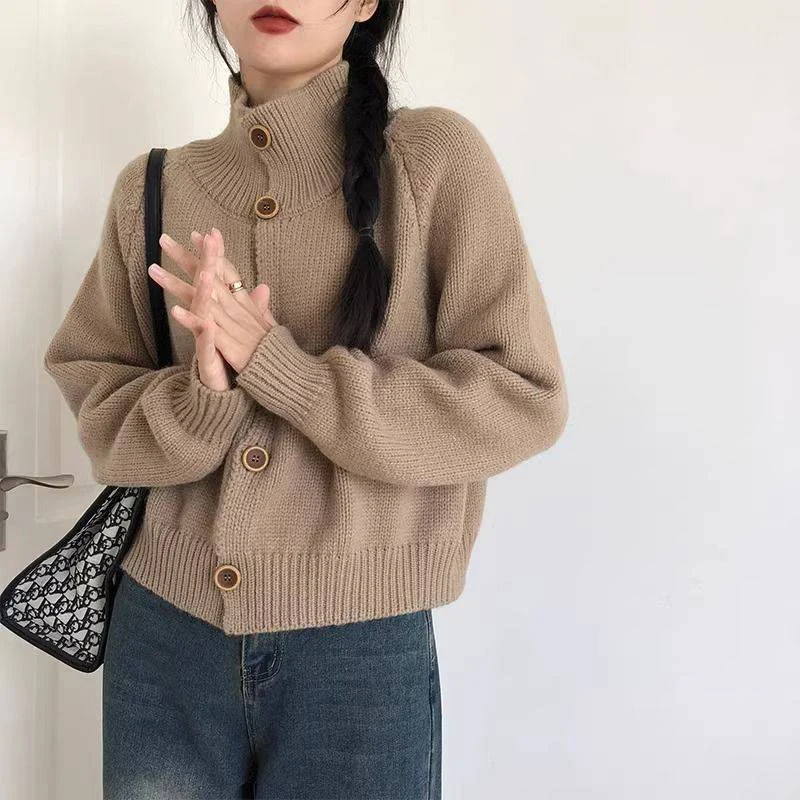 thumbnail image 1 of Cárdigan gris de cuello alto Rimocy para mujer, suéter de punto de manga larga estilo coreano para mujer, suéter de punto con botones de color liso Harajuku para mujer, 1 of 5
