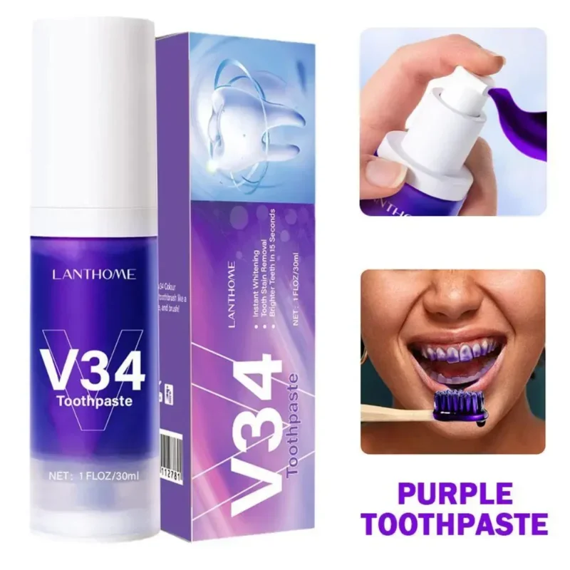 New 30ml V34 Tooth Cleansing Mousse Purple Bottled Press Toothpaste Refreshes Breath Remove Stains Reduce Yellowing Oral Care ﻿