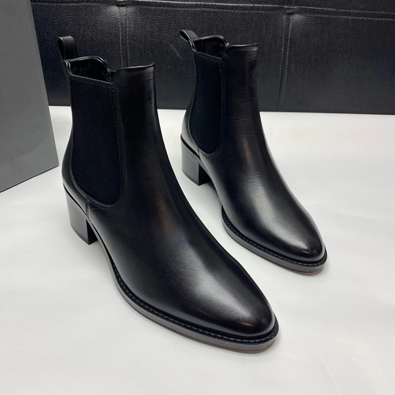 Withered British Fashion High Heels Chelsea Ankle Boots Simple Solid Boot Women Genuine Leather Casual Vintage
