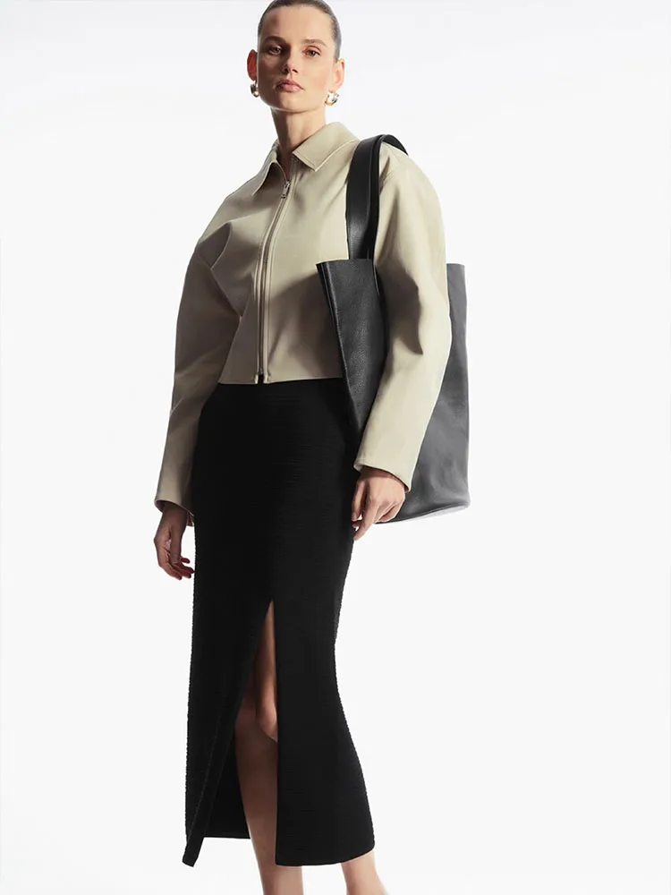 

Women 2023 Summer New Fashion Slim-Fit Version Textured Straight Skirt Loosen Waist Chic Front Split Skirt Mujer