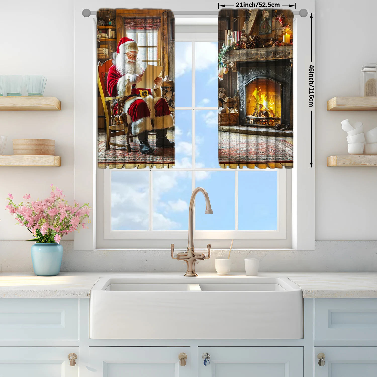 Description Picture 4 of item2pcs Santa Claus Printed Curtain for Christmas Home Decor - Rod Pocket Window Treatment for Bedroom, Office, Kitchen