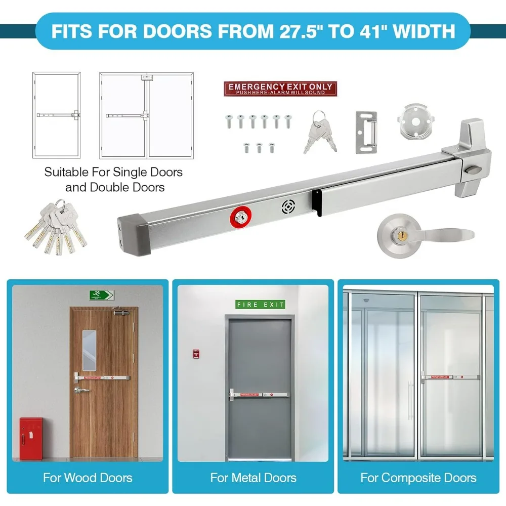 Heavy-Duty IRONWALLS Alarm Panic Bar with Exterior Lever and Automatic Door Closer, Adjustable Speed 1-6
