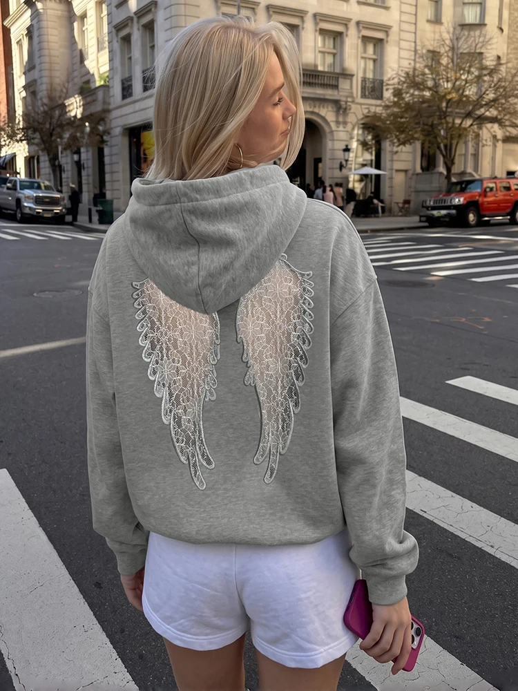 Kliou Wings Lace Backless Hooded Pullover Woman Autumn Trend Full Sleeve Skinny Stretch Hot Girls High Street Fashion Style Tops