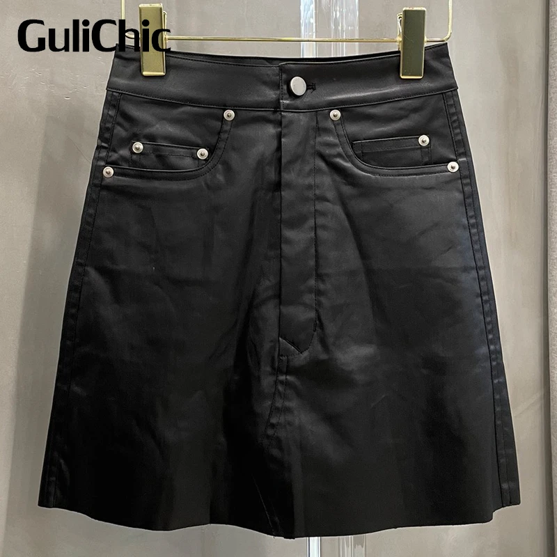 

7.14 GuliChic Women Street Button Pocket Decoration High Waist Black A-Line Skirt