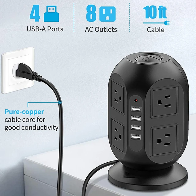 12 AC Power Strip Tower with 6 USB A, 5M Cable white [Plug Type F]