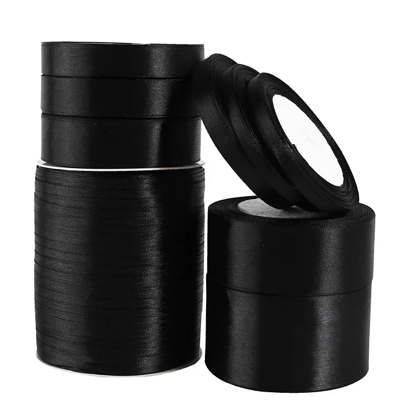 1pc 22 미터/롤 (6mm-50mm) 블랙 폴리 에스터 새틴 리본 활 공예 장식 웨딩 크리스마스 파티 세공 DIY 장식
